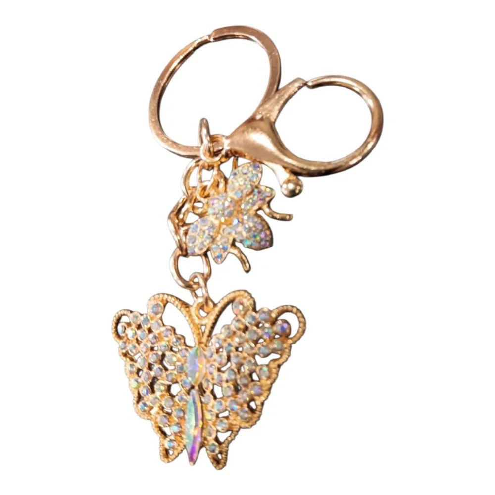 Iridescent Rhinestone Butterfly Bumblebee Gold Tone Keychain Purse Charm